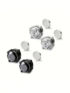 Unisex Stainless Steel Magnetic Ear Studs, No Piercing Needed, Rhinestone Zirconia Design, Hip Hop Style Jewelry for Men & Women, Magnetic Stud Earrings