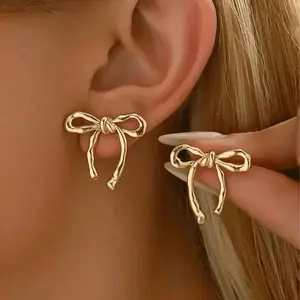 Women's Dainty Gold Ribbon Bow Ear Studs - 2025 Fashion Costume Gold Earrings, Ideal for Birthday, Valentine's Day Gifts