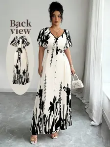 Classic Floral Print Midi Dress, Women, Deep V Neck + Fitted Waist, Lightweight Fabric, Bold Print, Essential Wardrobe Piece