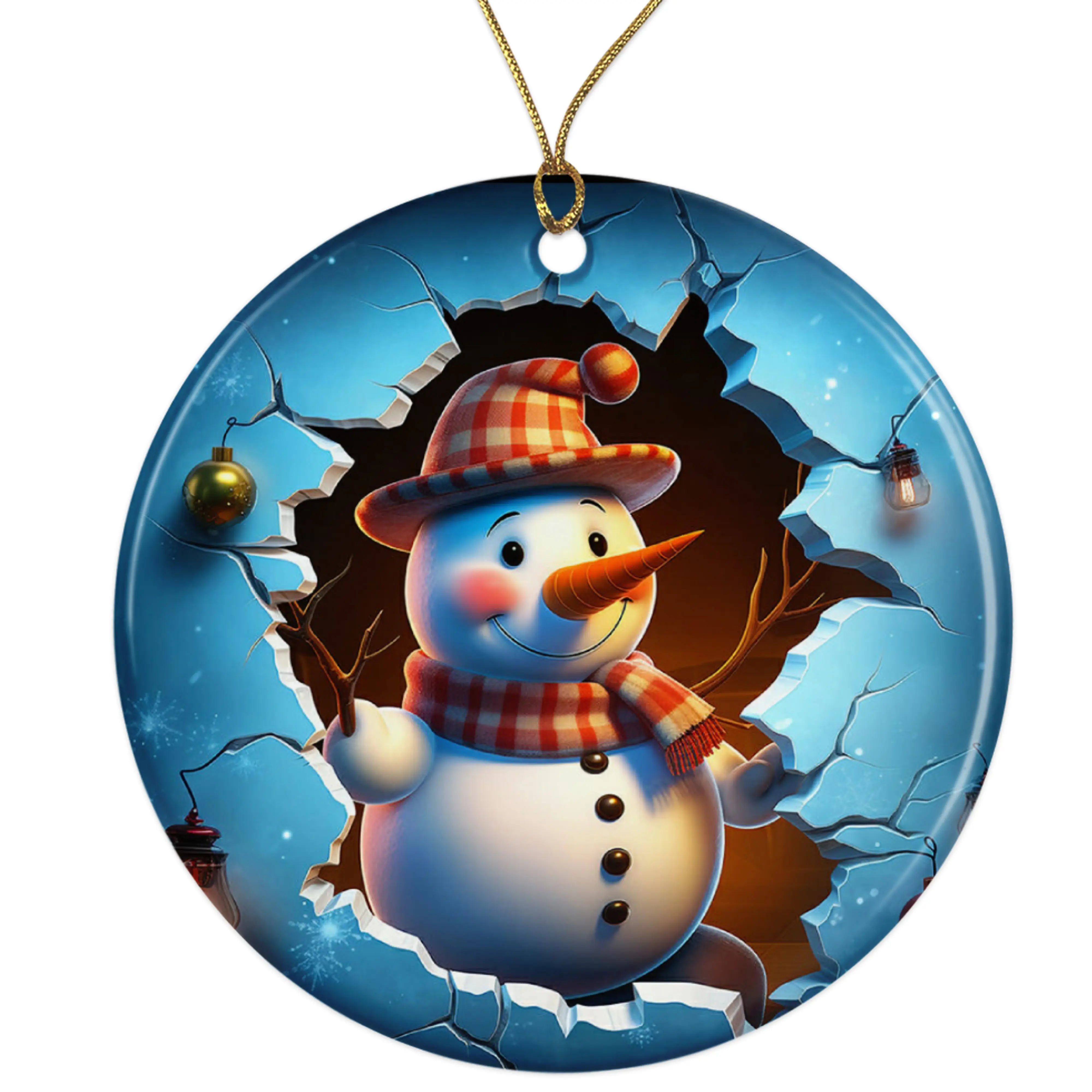 Cute Jolly Snowman Ceramic Ornament - Breakthrough 3D Effect Burst Illusion Kids Ornament - 3 Inch Christmas Tree Round Ornament - Xmas Holiday Decor - String Included - ORNW0078