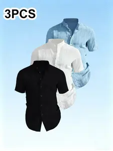3-Pack Men's Summer Short Sleeve Shirts, Lightweight Breathable Plain Solid Collar Button-Up Top, Ideal for Beach Pool, Casual Swimwear