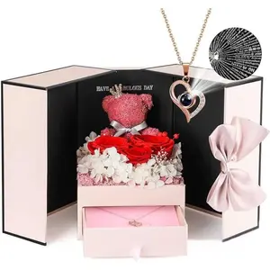 2026 Valentine Luxury Everlasting Rose Bear Set  | Heart Necklace Included | Proposal Anniversary Gift