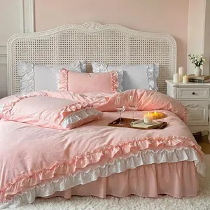 Homelike Moment Ruffle Shabby Chic 3 Pcs Farmhouse Women Vintage Aesthetic Bedding Set & Collections, Pink Comforter Queen Size Set,Fluffy Microfiber for All Seasons, Machine Washable