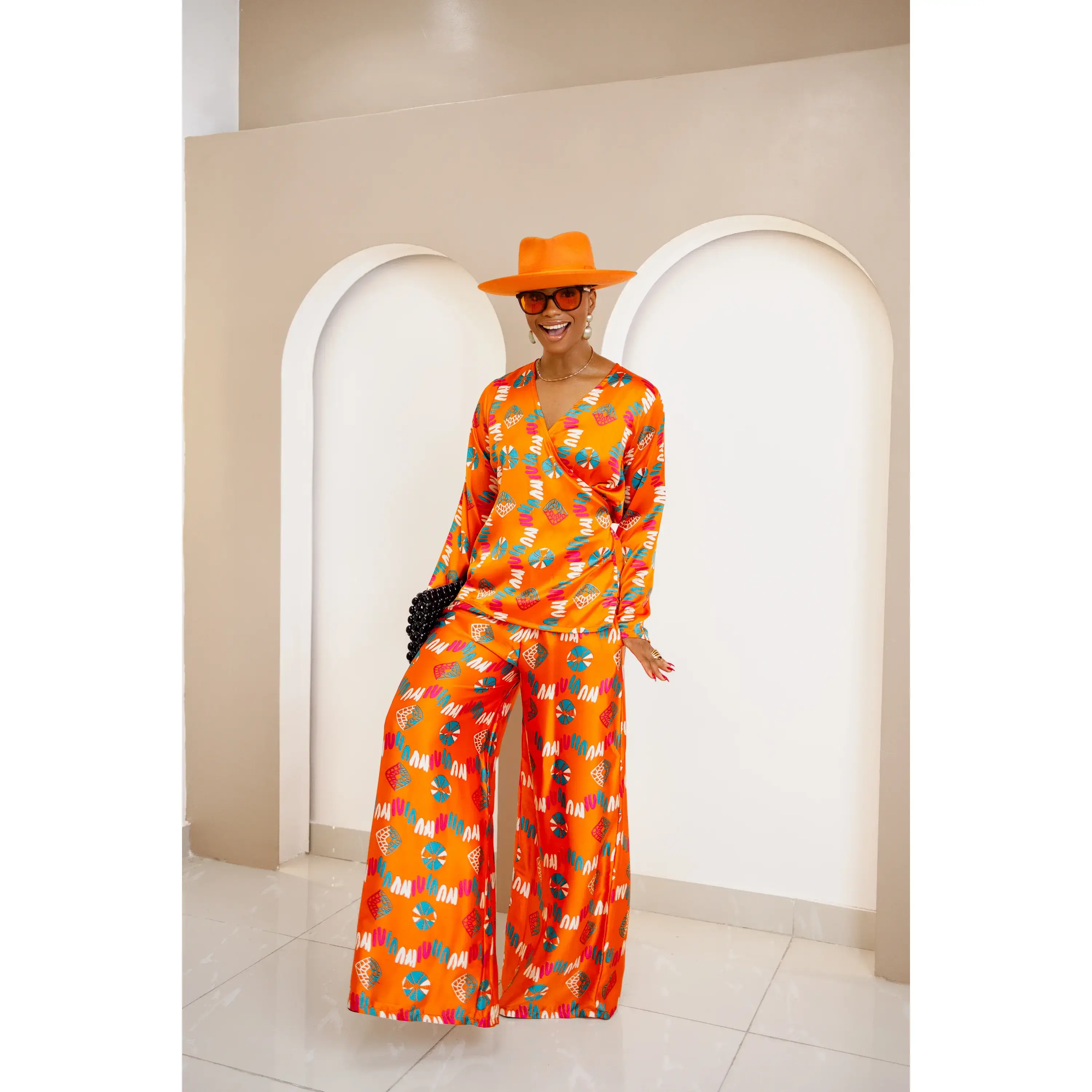 Omugwo Vibrant Orange Ankara Silk Wrap Top and Palazzo Pants Set