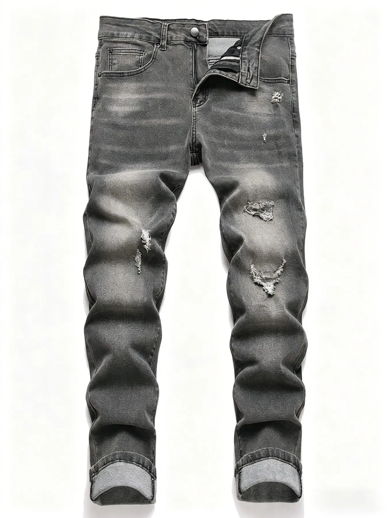 Men's Plain Fashion Ripped Denim Leisure Jeans, Elastic Slim Fit ...