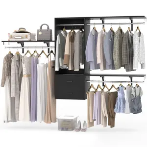 Deluxe Tower Closet Storage, 96 Inch Hanging Closet System, 8 FT Closet Organizer System with Hanging Rod, Walk In Mounted Closet System, Built-In Clothes Garment Rack with 2 Wooden Drawers & 3 Shelving Towers