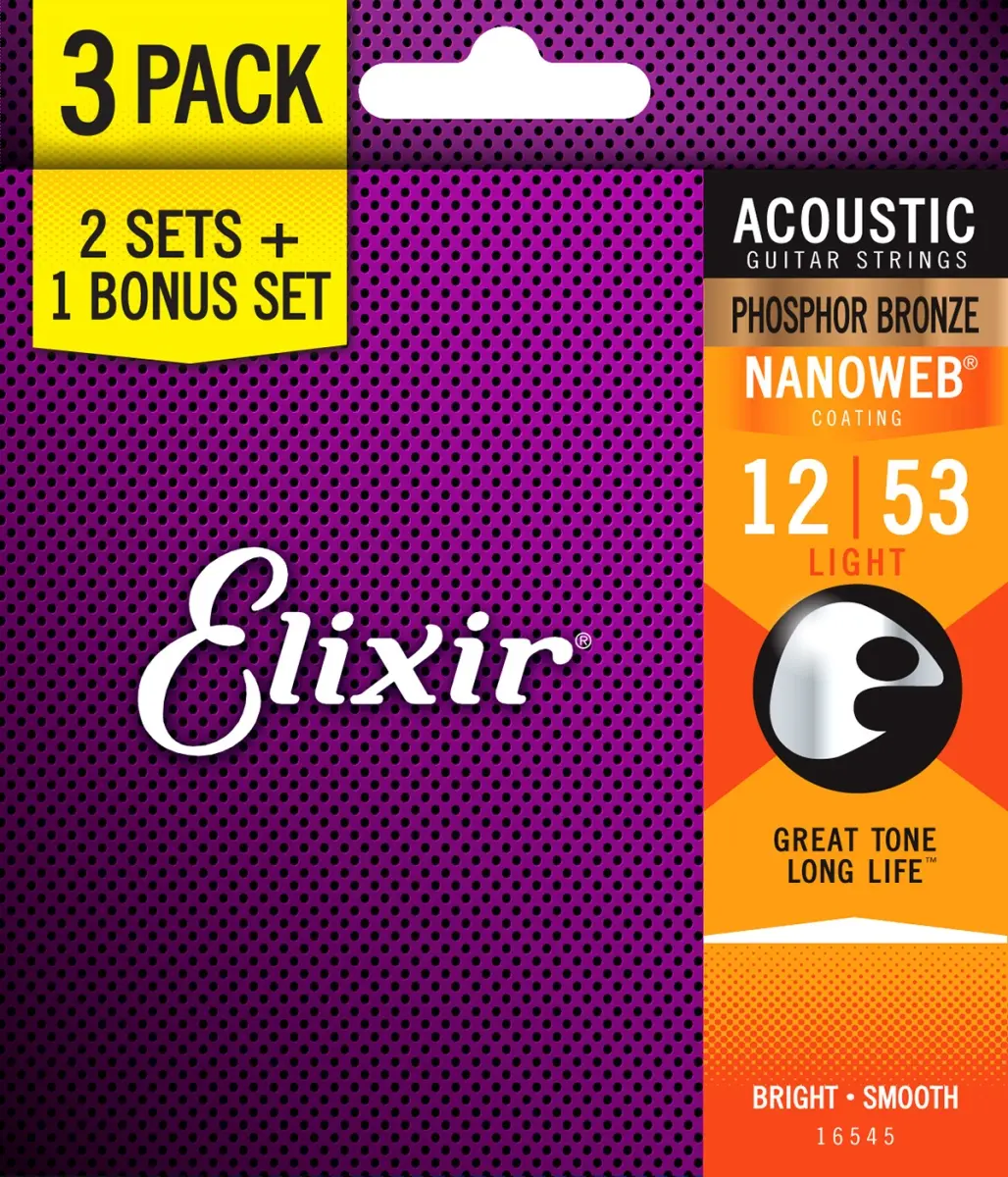 Elixir 16545-U Acoustic Bronze Phosphor Nanoweb Coating Light Guitar Strings - Size 12-53 - Pack of 3