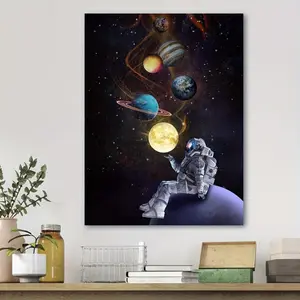 Room Decor Astronaut and Planets Canvas Art Print -  Space-Themed Wall Decor, Modern Oil Painting Style - For Living Room, Bedroom, Office, Cafe - Perfect Gift for Holiday, Birthday Poster Ornaments