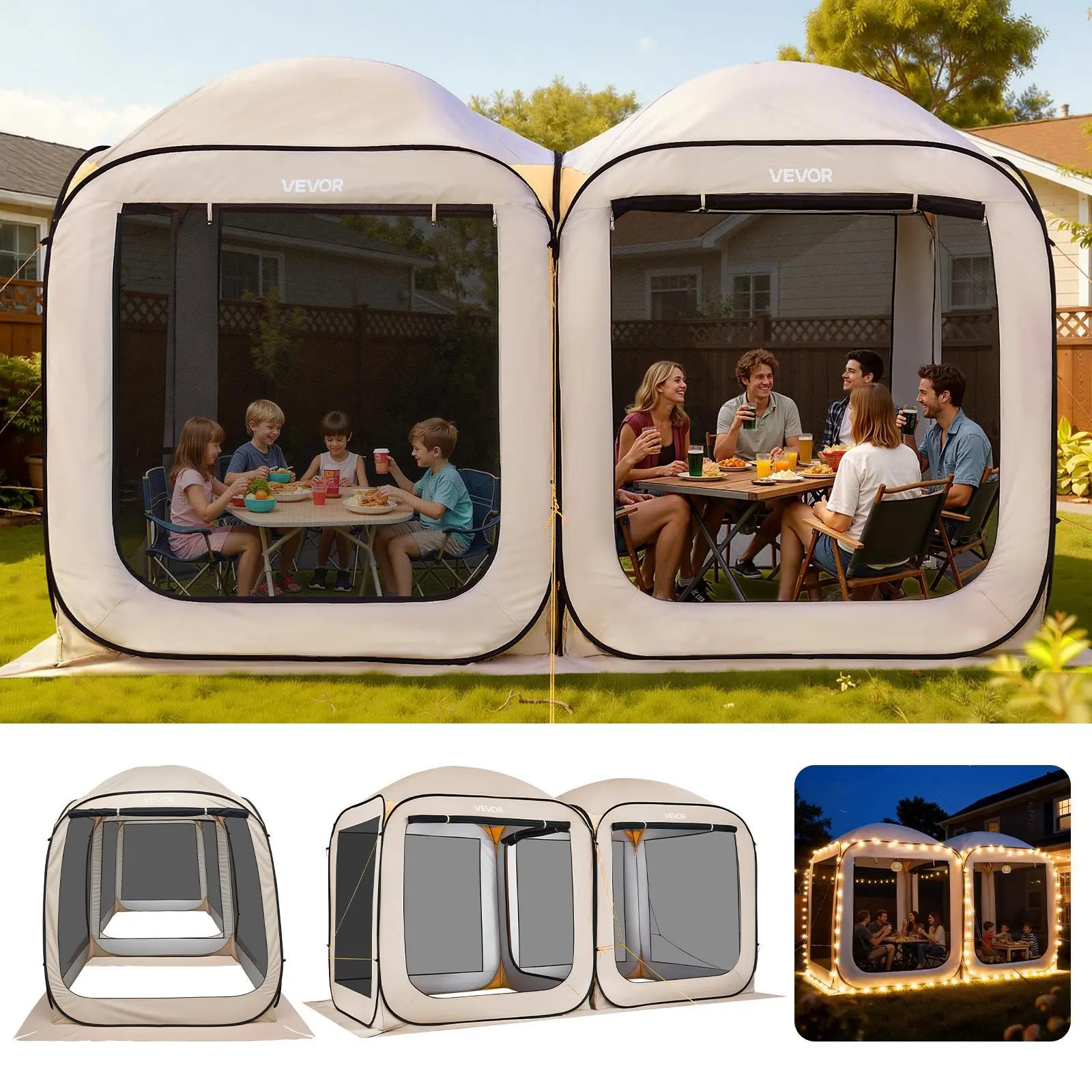 VEVOR Screen House Tent, 12 x 6 ft, 2 in 1 Pop Up Screen Tent, Portable Screened in Canopy with Carry Bag, Netting Sides, Ground Stakes, for Garden, Patio, Backyard, and Outdoor Activities, Beige#BacktoSchool