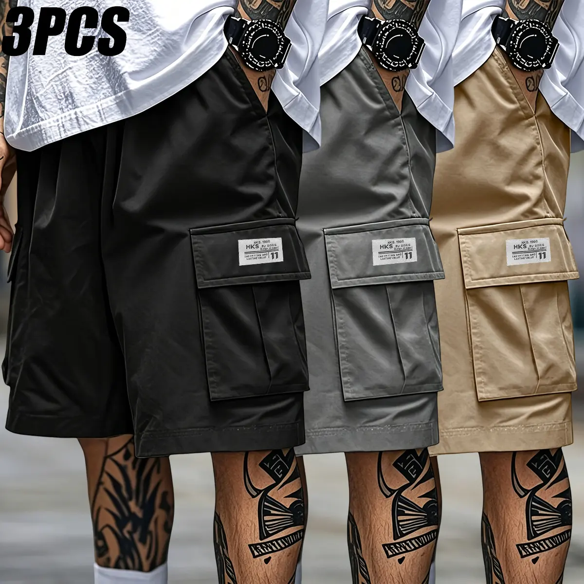 Men's 3-Piece Polyester Clothes Set: Loose-Fit Drawstring Pocketed Cargo Shorts, Straight Outdoor Work Pants (Machine Washable) for Outdoor Activities, Casual Wear | Summer Bottoms, 3-Piece Set