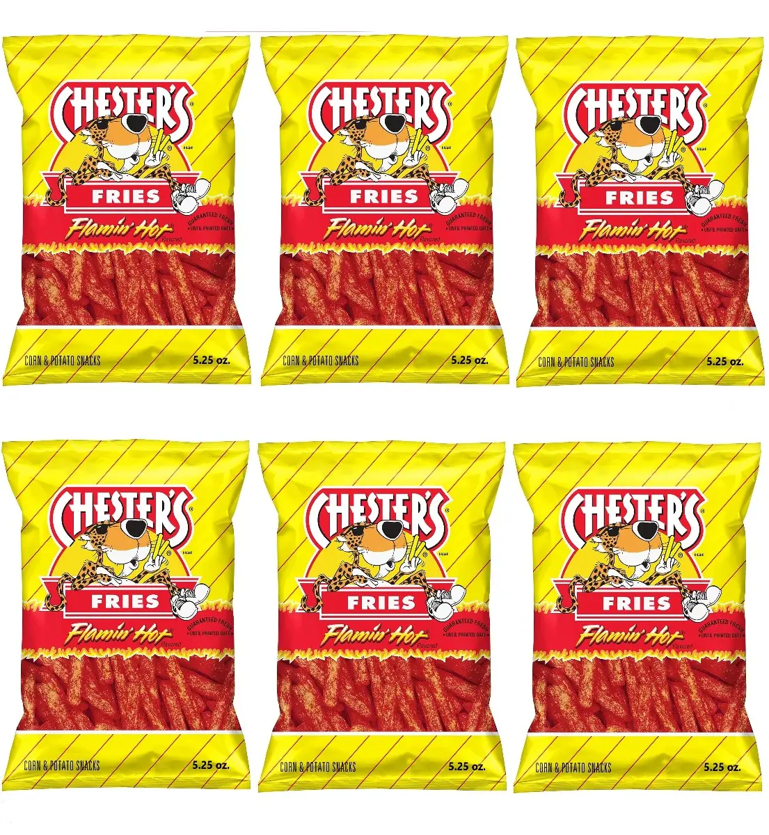 Chester's Fries Flamin' Hot Spicy Flavor - 5.25 oz. Bag - Family Pack - 6 Pack - Gluten Free Chili Flavored Snack Snack Chips