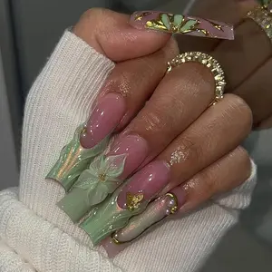 Mint Green Floral Press On Nails | 3D Green Flower Nails | Iridescent Chrome Butterfly Nail Set | Pearl Accents | Garden Long Nails