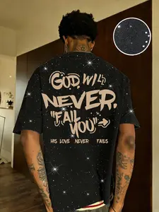 Men's Casual Short Sleeve T-Shirt, Menswear, Streetwear, Ink Letter Print, Sparkling Starry Diamond Details, Durable Silver Color Fabric, Retro Trend, Top