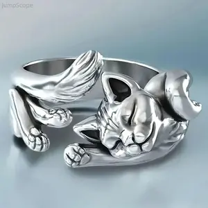 Sterling Silver Adjustable Open Cat Ring, Vintage Cute Animal Band Ring, Stylish Elegant Finger Jewelry For Women Daily Party Wear
