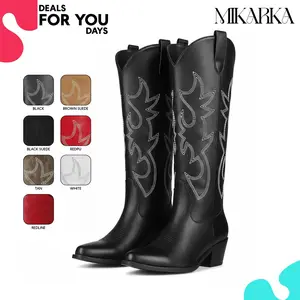 Cowboy Boots For Women Knee High Boot Pointed Toe Pull On Chunky Block Heel Vintage Embroidery Design Cowgirl Boots Gifts Work Party Concert Festival Dress Trendy Shoes Deals For You Days