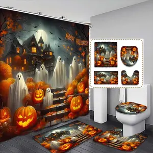 Halloween Ghost & Pumpkin Shower Curtain Set, Includes 12 Hooks, Bath Mat, Toilet Lid Cover, U-Shaped Pad, Ideal Gift for Home Decor