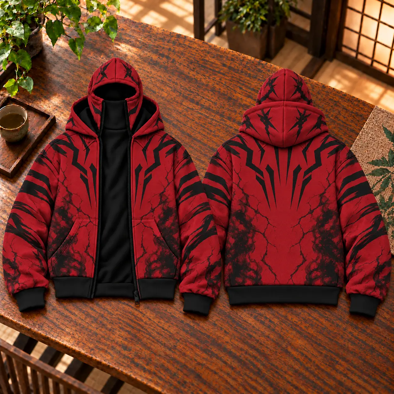 3D Anime Red Black Zip Up Hoodie, Full Zip Face Cover Hoodie, Dark Spider Inspired Anime Streetwear Jacket, Unisex Graphic Hoodie