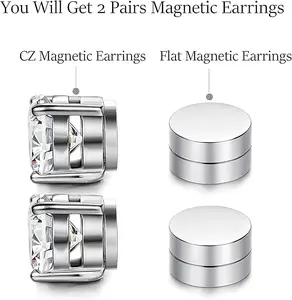 2 Pairs 6-8MM Stainless Steel Stud Earrings,Magnetic ear studs for Men Women Non Piercing Clip on CZ Earrings Black Silver