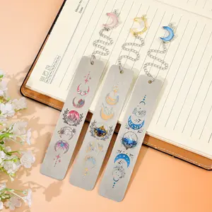 3 Pcs Colorful Moon Star Metal Bookmarks with Chain Pendant, Astral Theme Stainless Steel Bookmarks with Printed Design, Elegant Reading Gift