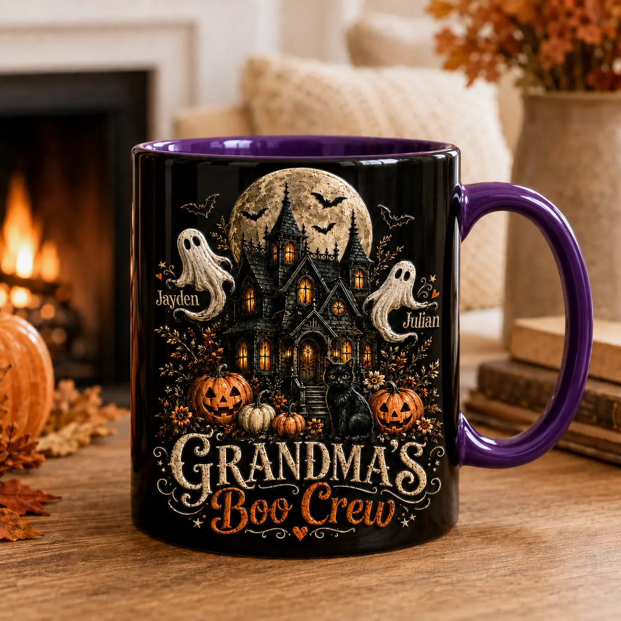 3D EFFECT Personalized Grandma Halloween Mug, Grandma’s Boo Crew Haunted House Ghost Name Coffee Cup Spooky Gift for Nana Grandma