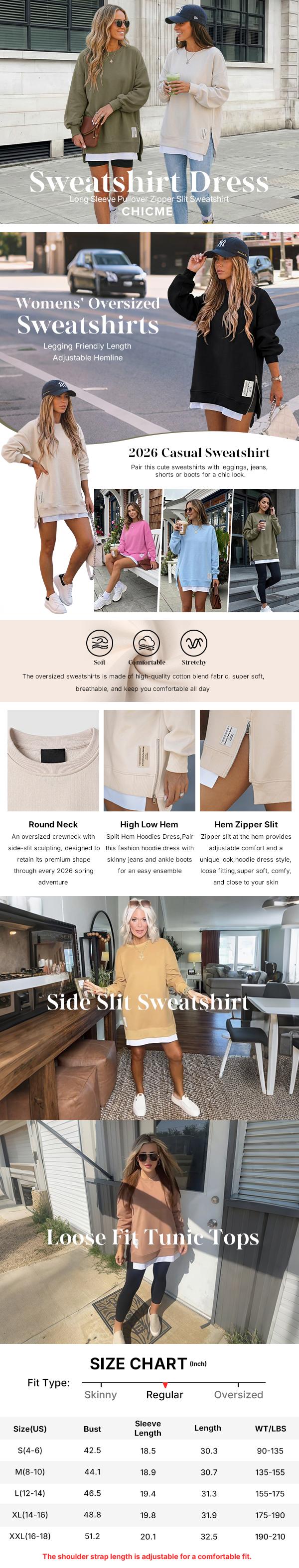 ChicMe 2026 Womens Long Sleeve Pullover Sweatshirt Zipper Slit Casual Dress Drop Shoulder Oversized Outfits