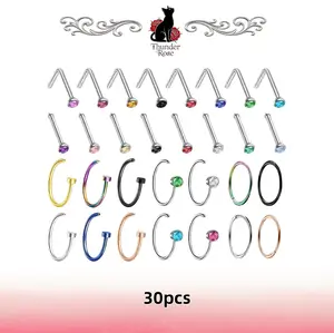 30Pcs Colorful CZ Nose Ring Collection, L-Shaped & Straight Studs + Captive Bead Hoops, Hypoallergenic Stainless Steel Piercing Jewelry, Versatile Daily Casual Body Accessories