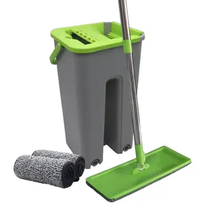 Flat Mop and Bucket Set with Wringer Hands-Free Cleaning System 3 Reusable Microfiber Pads 66 Inch Stainless Steel Handle Wet and Dry Use for Home Floor Cleaning