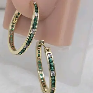 # 0182 Gold-Tone Emerald & Diamond Hoop Earrings for Women - Elegant Fashion Jewelry