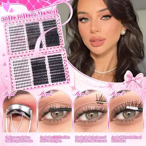 2080Pcs Fluffy Lash Clusters DIY Eyelash Extension Kit D Curl 9-18mm 30D 40D 80D 100D Manga Cat Eye Natural Thick Dramatic Bottom False Lashes Set with 2 Bond & Seal 2 Remover 2 Tweezers 5 Brushes for At-Home Lash Makeup