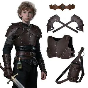 HiiFeuer 4 PCs Medieval Faux Leather Armor Set for Kids, Double Shoulder Armor Vest Chest Armour Back Sword Frog Headpiece Cosplay