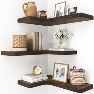 Floating Corner Shelves Wall Shelf Set of 3, Solid Wood Shelves for Wall Storage, Wall Mount Wooden Display Shelf for Bathroom Bedroom Kitchen Garage, Rustic Brown