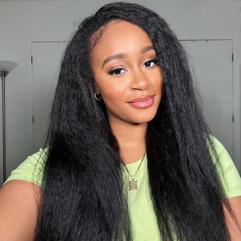 [ NEW IN HALF WIG] Kinky Straight/Kinky Curly Half Wig Wear and Go Glueless Wigs Human Hair Seamless Clip In Half Wig with Drawstring for Women Beginner Friendly