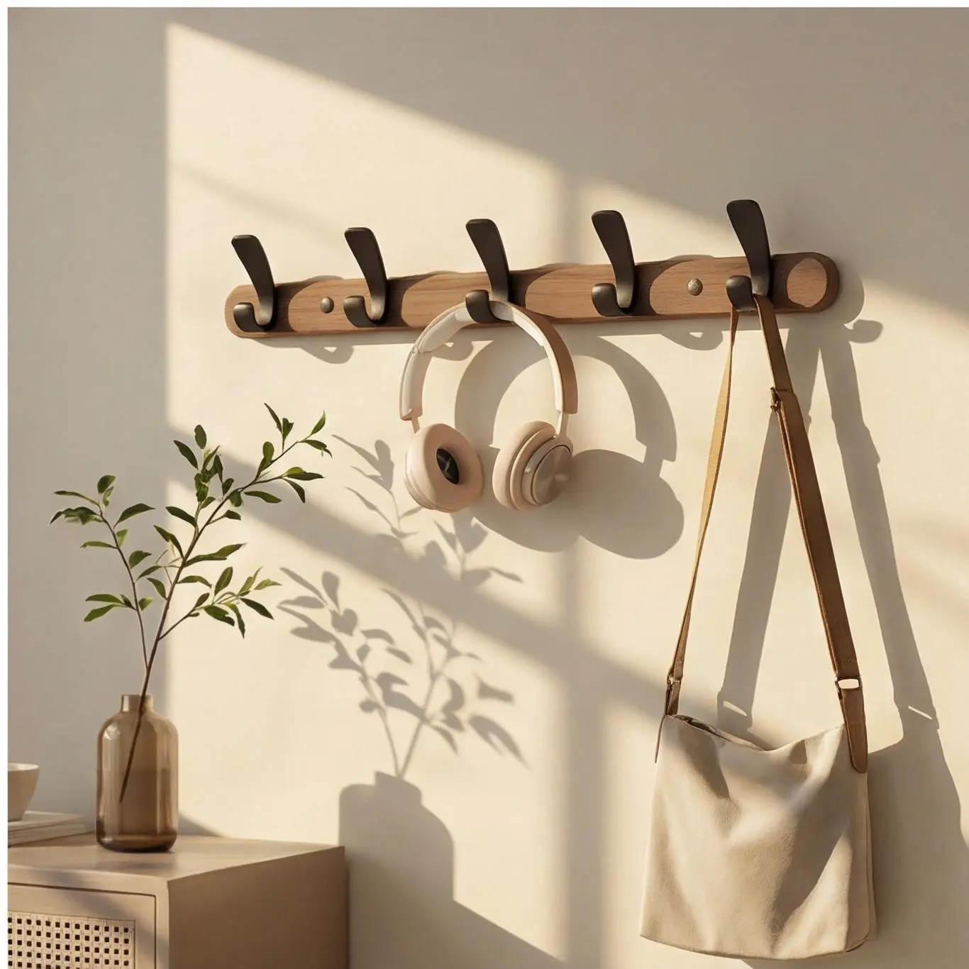 Wooden Wall Mount Coat Hook Rack, Heavy Duty Entryway Hook Rail With Rustproof Metal Hooks, Dual Installation Multi-Purpose Wall Hanger For Hats, Purses, Backpacks, Towels, Bathroom & Bedroom Storage Organizer