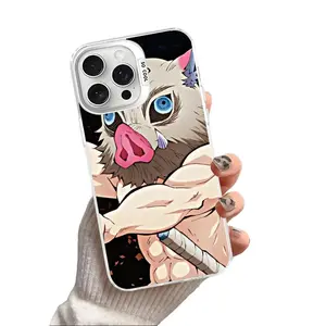 This is a silver phone case featuring the design of Inosuke Hashibira from the anime Demon Slayer, compatible with iPhone 17, 16, 15, 14, 13, and 12. It has a matte finish and is shockproof.