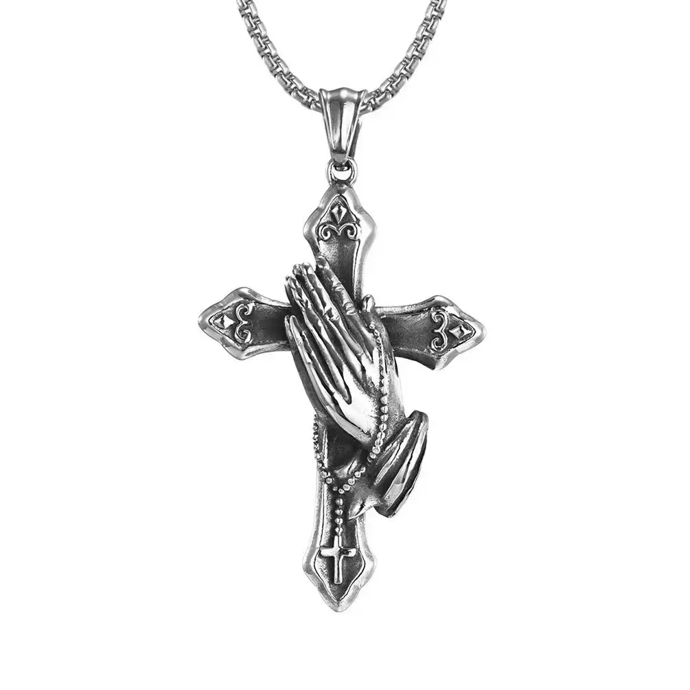 Palm Cross Necklace - Silver Stainless Steel Religious Chain, Waterproof Long-Length Jewelry Gift, Men's Accessories, Jewelry for Women, Chains, Fashion Accessories