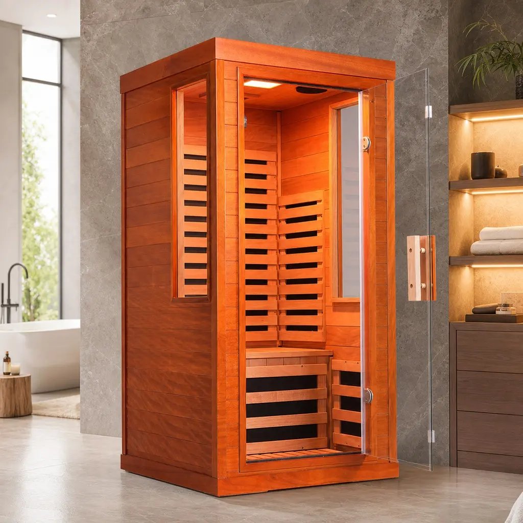 Infrared Sauna with Red Light Therapy, One Person Far Infrared Sauna, 31.5x31.5x63.3 Inch Solid Wood Sauna Room, Bluetooth Music, 7-Color Therapy Light, Low EMF Carbon Fiber Heating, Home Spa Relaxation, Natural Color Options