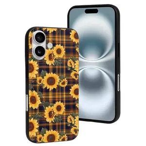 Compatible with Iphone 16 Case Cute - Brown Blue Plaid Sunflower Soft Silicone Case Compatible with Iphone 16 Phone Case for Women Men