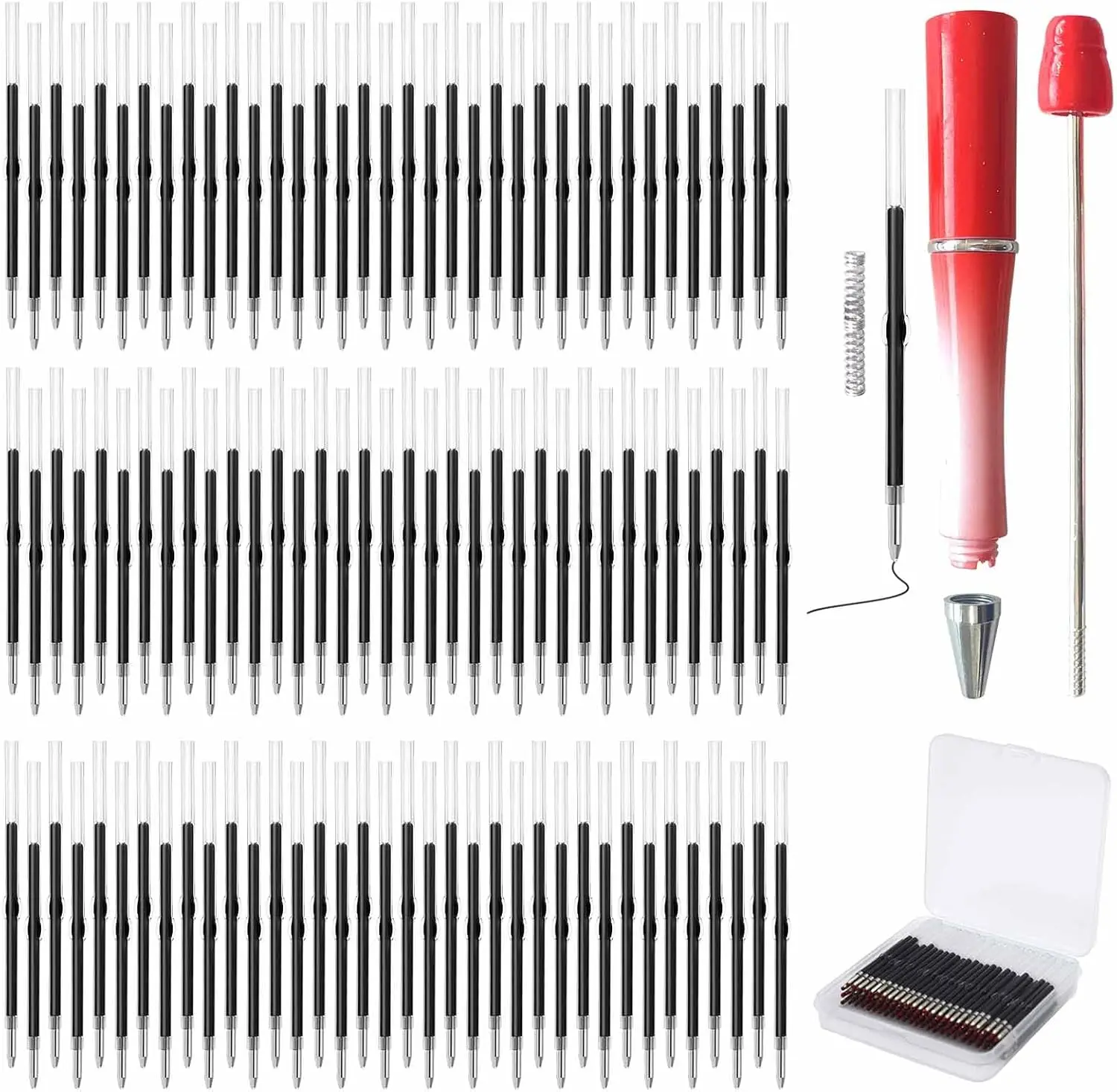 100 Pack Beadable Pens Refills Bulk - Black Ink Ballpoint Pen Refill, Smooth Writing Ink Refills for DIY Pen Making, Beaded Pens Supplies with Storage Box for DIY Lovers, Teachers
