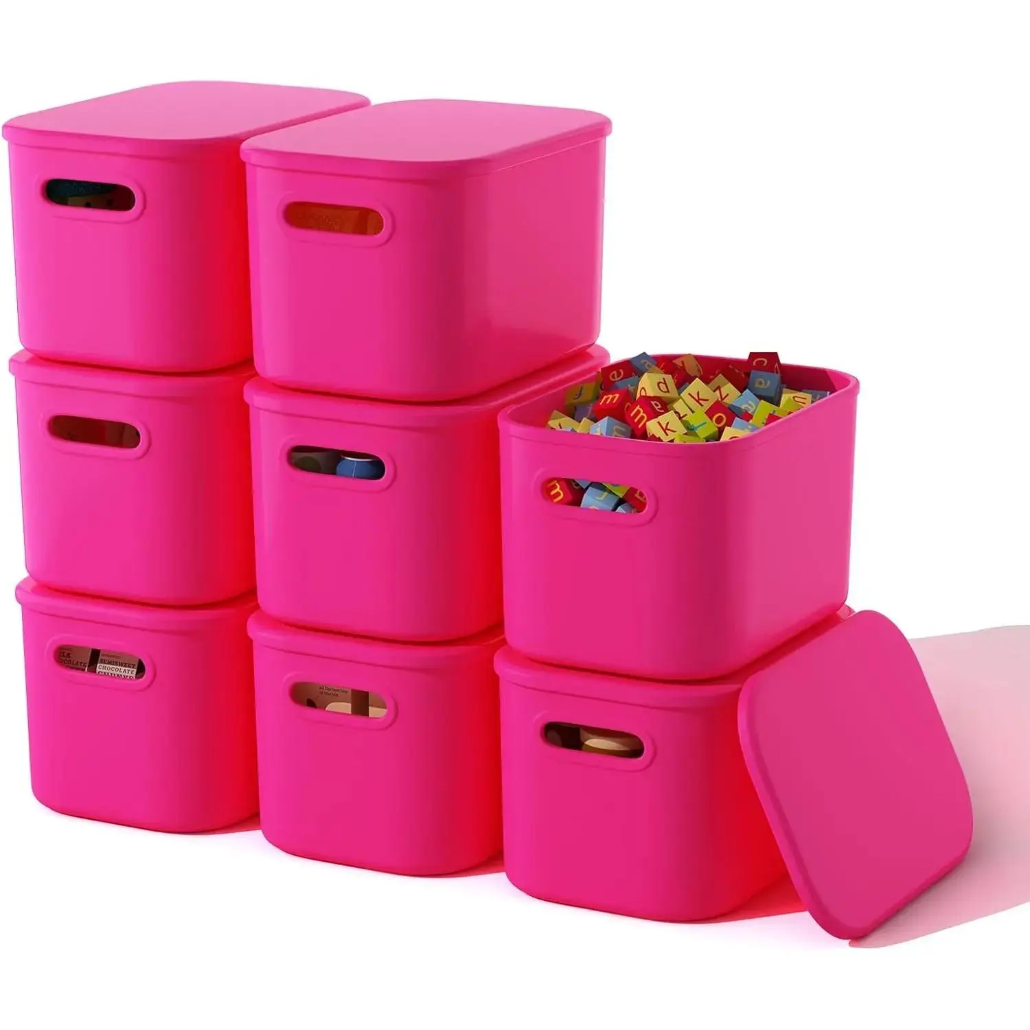 8 Pack Pink Storage Bins with Lids Stackable Storage Container for Organizing, Storage Boxes with Handle for Shelves, Cute Storage Bin for Craft, Snacks, 9.85x6.9x5.7 inch