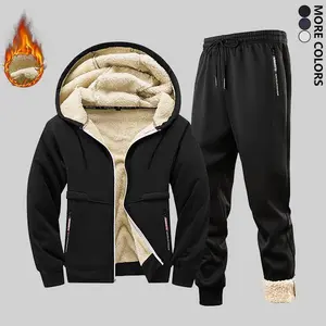 Men's Autumn Winter Fleece Lined Set Fleece Lined Zip Up Hooded Jacket with Elastic Cuff Sports Trousers Windproof Warmth Suitable for Home Leisure Outdoor Activities Solid Color Stretch Fabric Hood with Zipper Textured Sweatsuit Loose Casual Athleisure