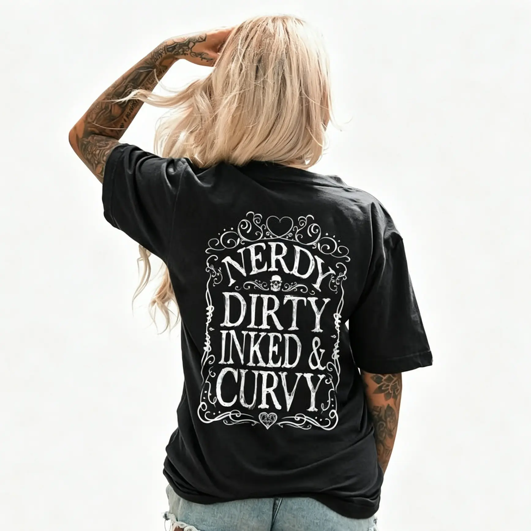 NERDY DIRTY INKED & CURVY PRINTED WOMEN'S T-SHIRT, Ladies Summer Outfit, Gift For Women, Mothers Day Gift, Gift For Girl Friend, Full Size, Full Color