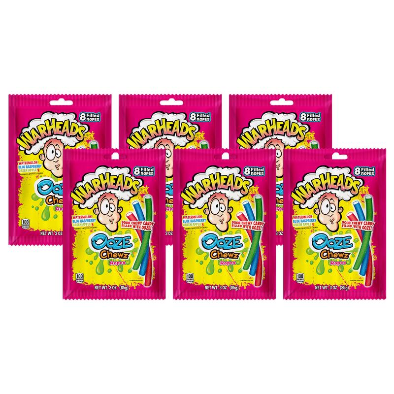 WARHEADS Ooze Chewz Ropes - Chewy Candy Ropes with Sour Filling in Watermelon Blue Raspberry & Green Apple Flavors 3 oz Bags 6 Pack Sweet Snack