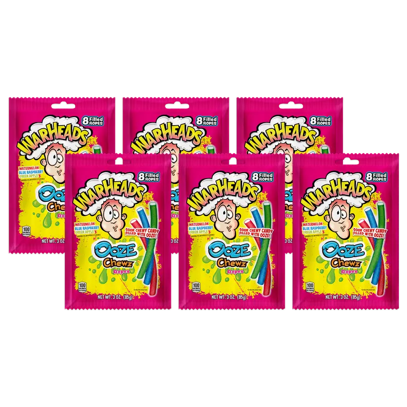 WARHEADS Ooze Chewz Ropes - Chewy Candy Ropes with Sour Filling in Watermelon Blue Raspberry & Green Apple Flavors 3 oz Bags 6 Pack Sweet Snack