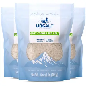[3 PACK] URSALT Grey Coarse Organic French Sea Salt 1 lb Unrefined Hand Harvested Salt with 82 Minerals, Rich in Calcium, Magnesium & Potassium - Flavor, Savory