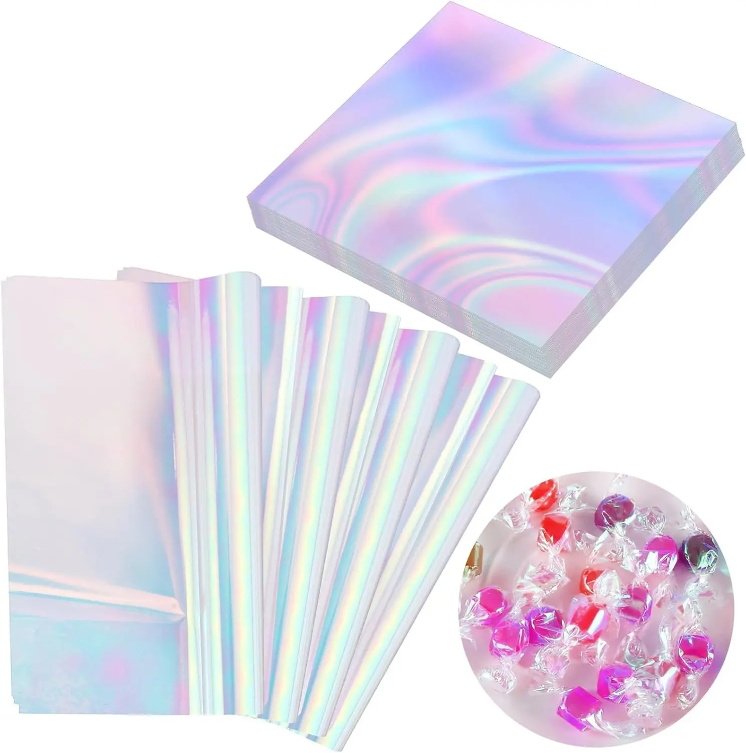 150 Pieces Iridescent Cellophane Sheets 9 x 9 Inch - Holographic Cellophane Wrap for Gift Baskets, Candy Wrappers, Crafts & Decoration