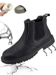 Men's Classic Solid Color Work Boots, Fashionable Steel Toe Boots for Daily Wear, Durable Comfortable Outdoor Work Shoes, Safety Square Toe
