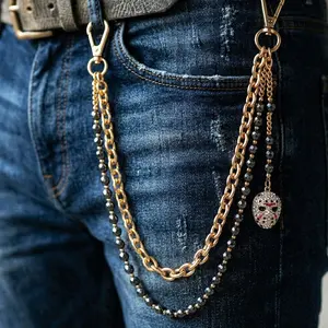 MaxBling81 Jean Chain Body Chain, Hip Hop Style Double-Layered Jason Mask Pendant Charm for Pants, Fashionable Casual Costume Jewelry, Chain Body Chains