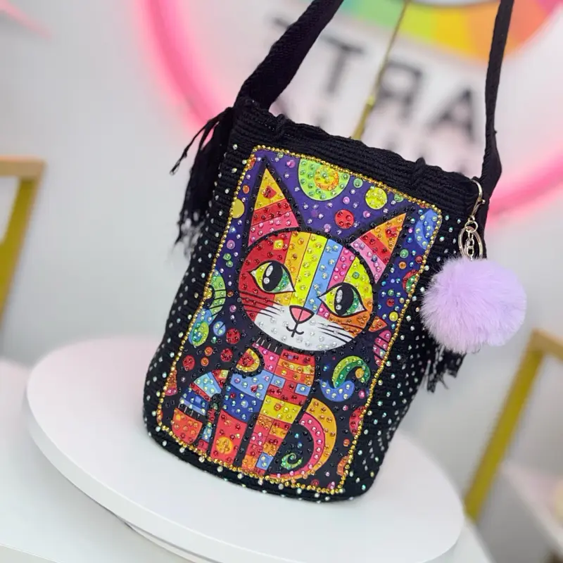 Colorful Cat Crochet Bucket Bag with Rhinestones – Handmade Shoulder Bag with Pom Pom Charm, Artistic Cat Purse