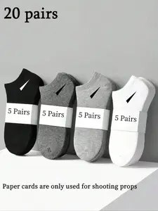 20 Pairs Women/men Geometric Pattern Solid Color Boat Socks Ankle Socks, Casual Simple Comfort, Suitable for Daily Wear, Sports, Home, Business, Athletic