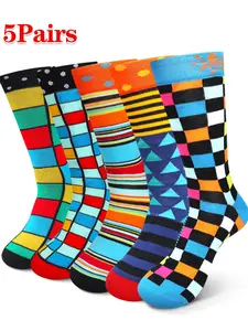 5 Pairs Multicolor Checked Geometric Men's Mid-Calf Polyester Socks, Fashion Breathable Sports Socks, Comfortable Versatile Casual Socks for Daily Wear